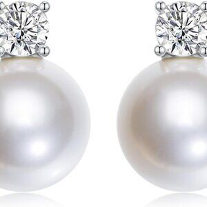 Elegant White Pearl & Cubic Zirconia Stud Earrings in Sterling Silver, Hypoaller